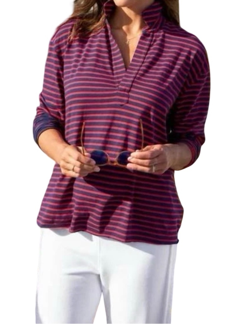 Frank & Eileen Patrick Popover Henley Red/Navy Stripe Size XS